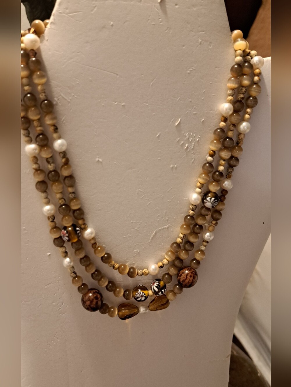 Multi-Strand Brown and Cream Beaded Necklace